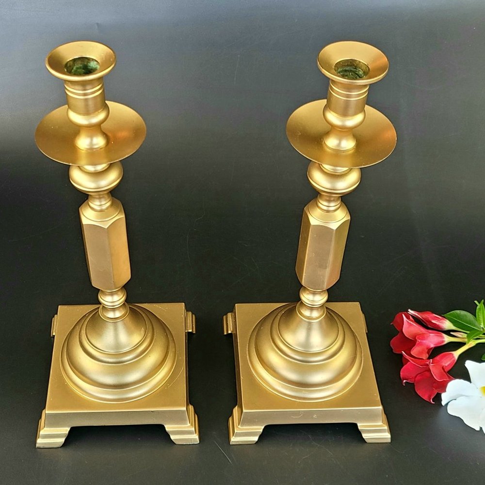 Vintage Candlestick Holders - 13 1/4" Tall * 4.5"*4.5" Base - Solid Brass - Pair - Picture 2 of 10